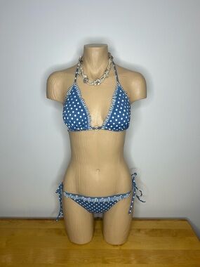 Gorgeous Victoria's Secret Blue & White Polka Dot Ruffle Tie-Side Bikini❤️M